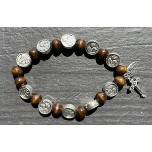 Catholic Rosary Stretch Bracelet Wood Beads 12 Saint Medallions Crucifix Medal